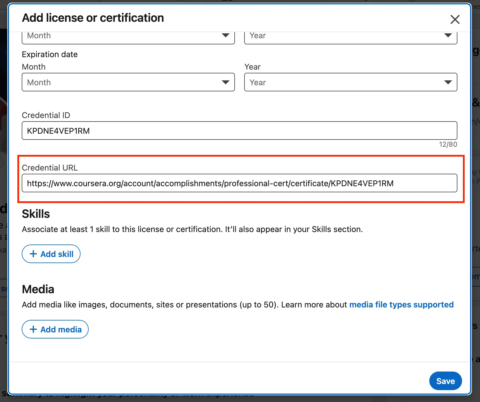 LinkedIn add license or certification form showing the Credential URL field pre-populated with the Coursera certificate link