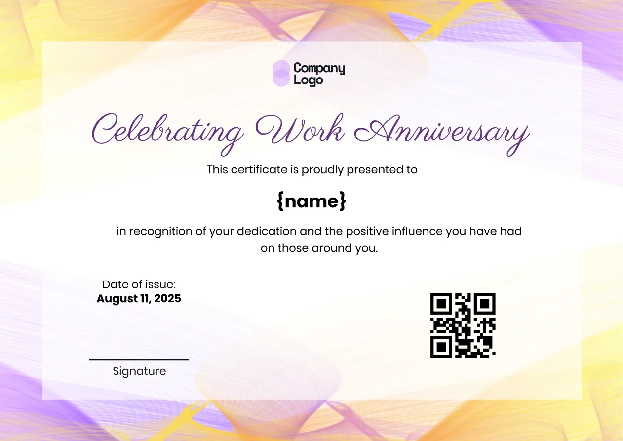 Minimal Employee Work Anniversary Certificate Template