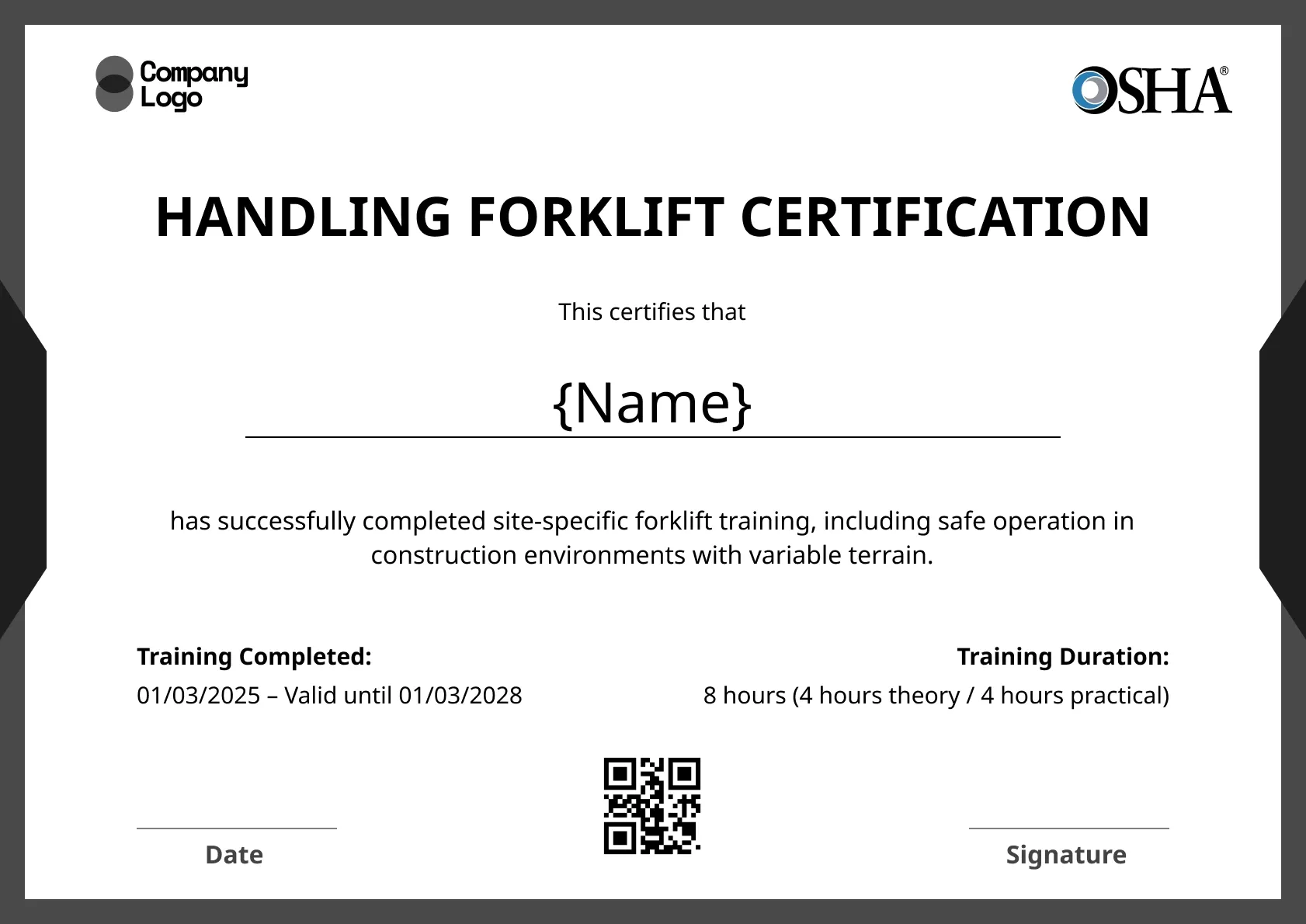 Minimal forklift certificate template