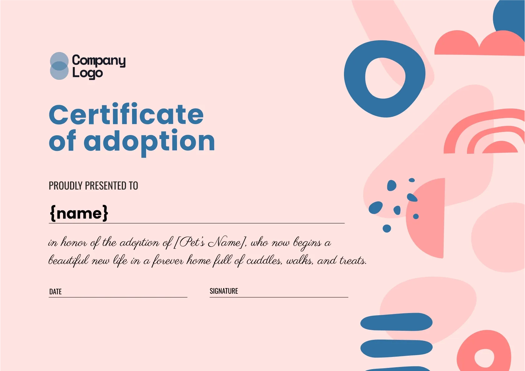 Minimalistic and Calm pet adoption certificate template