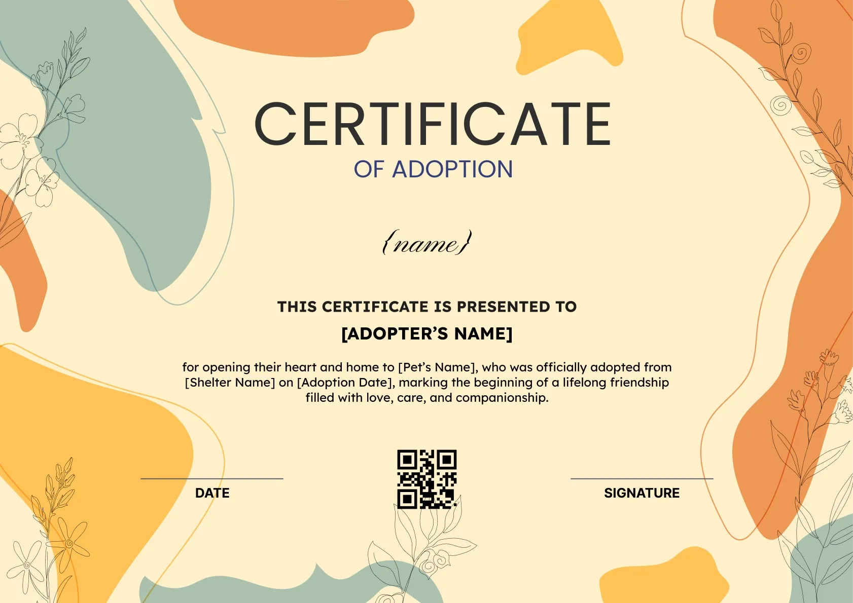Minimalistic and pastel colored pet adoption certificate