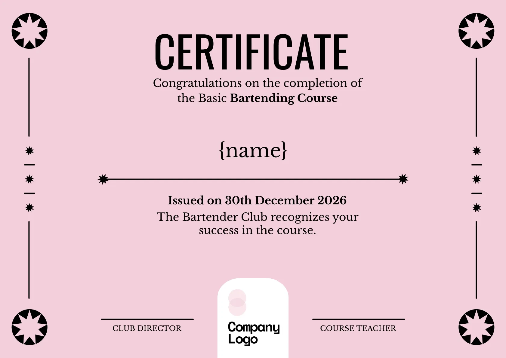 Minimalistic and professional bartending course completion template