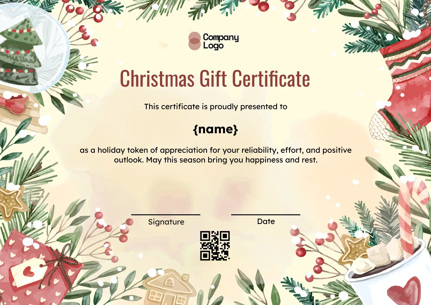 Minimalistic floral christmas gift certificate template
