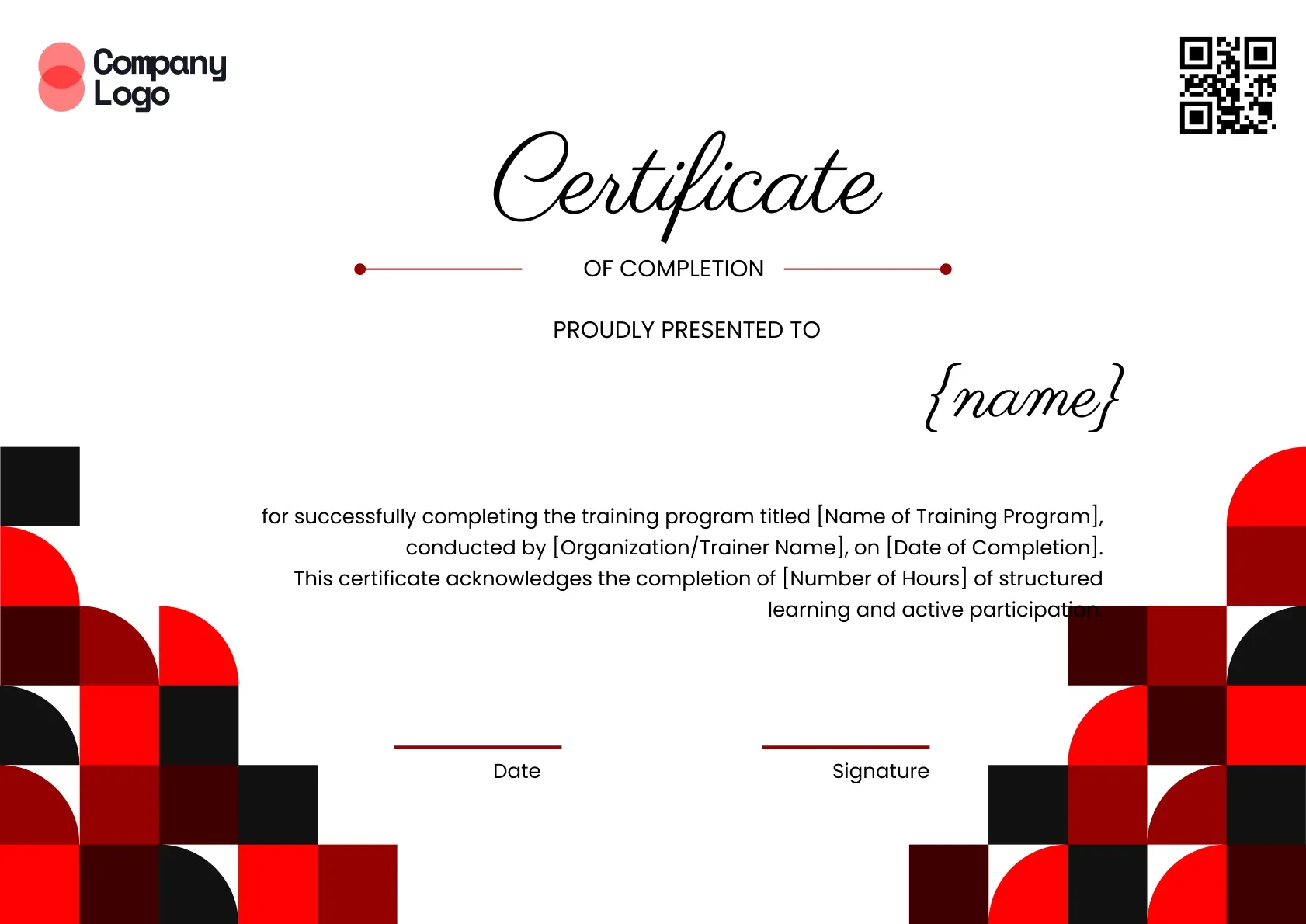Modern and Professional Free Training Completion Certificate Template