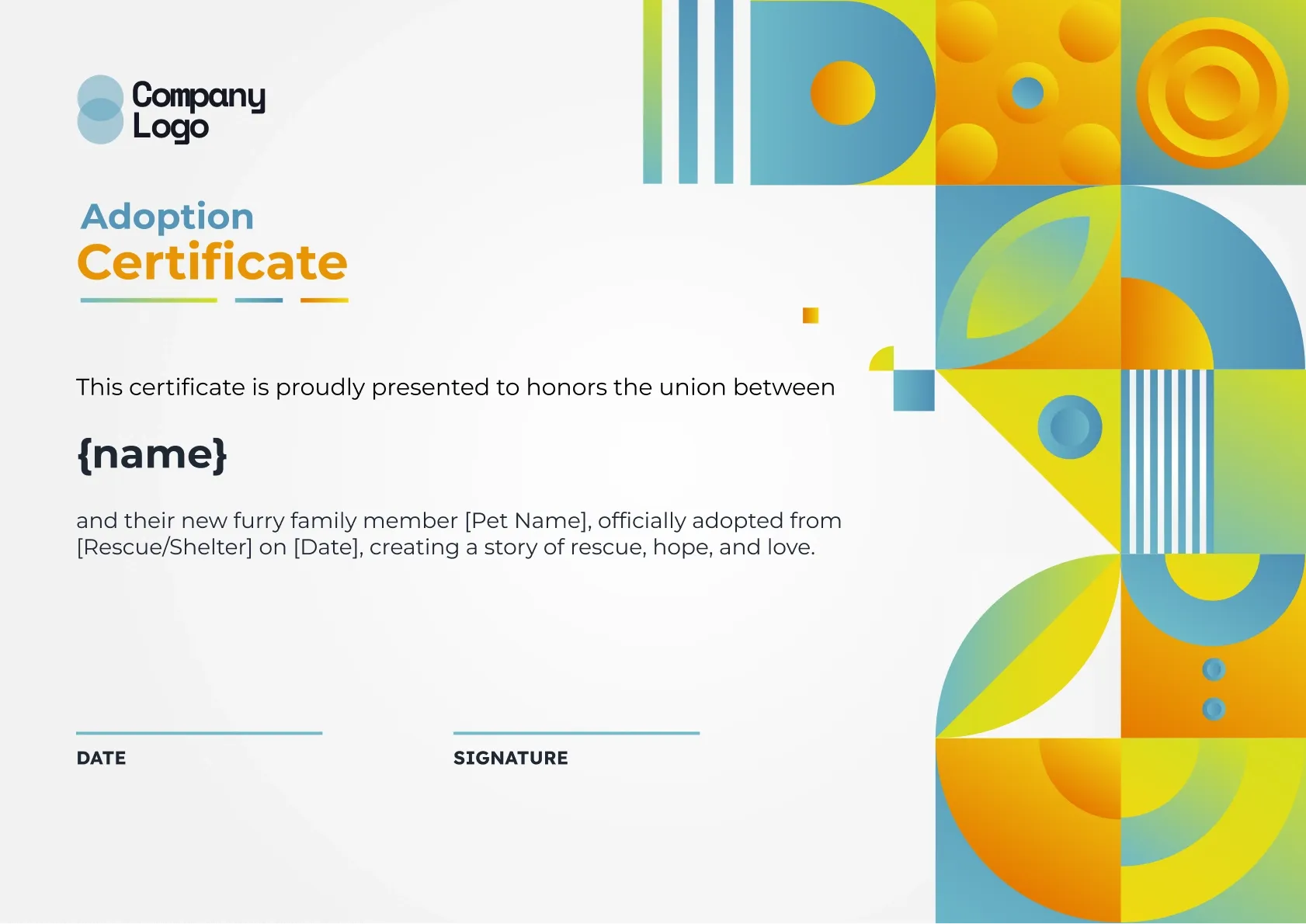 Modern and Vibrant Pet Adoption Certificate Template