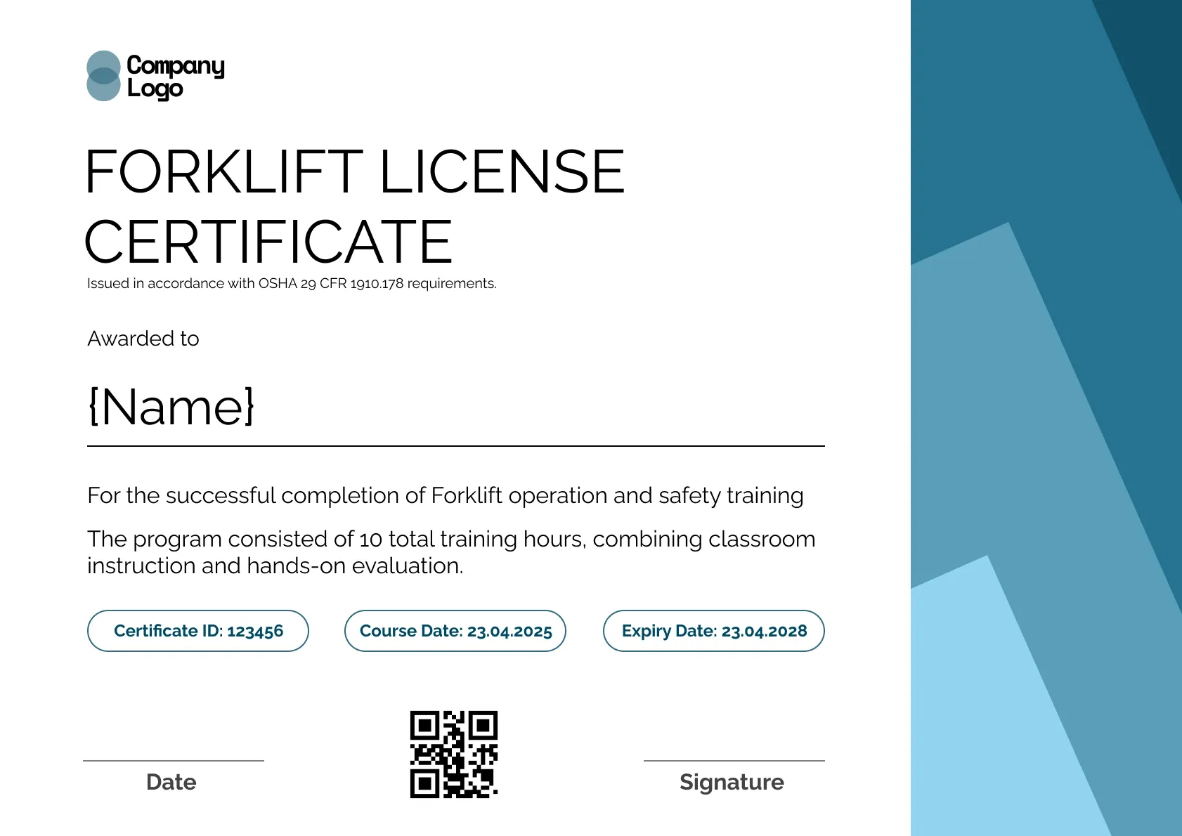 Modern forklift certificate template