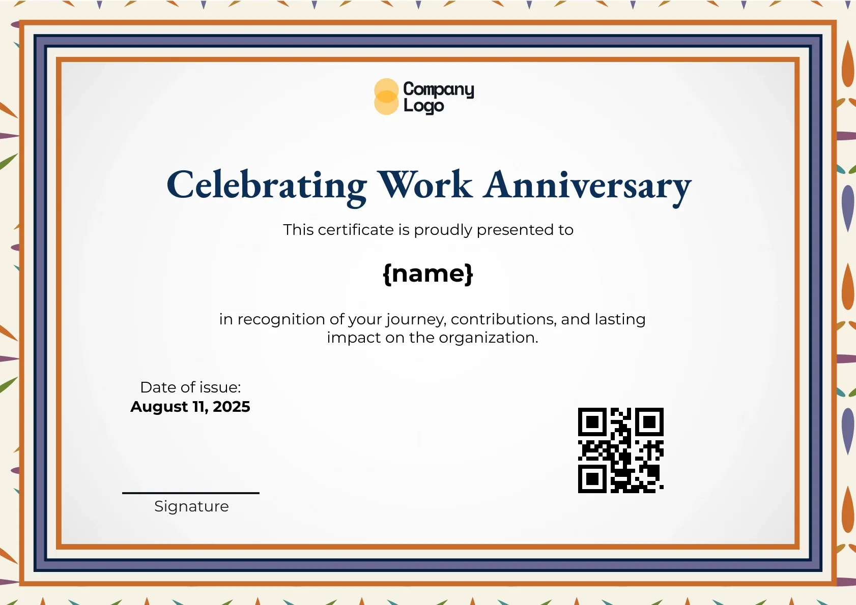 Modern Minimal Work Anniversary Certificate for Employees