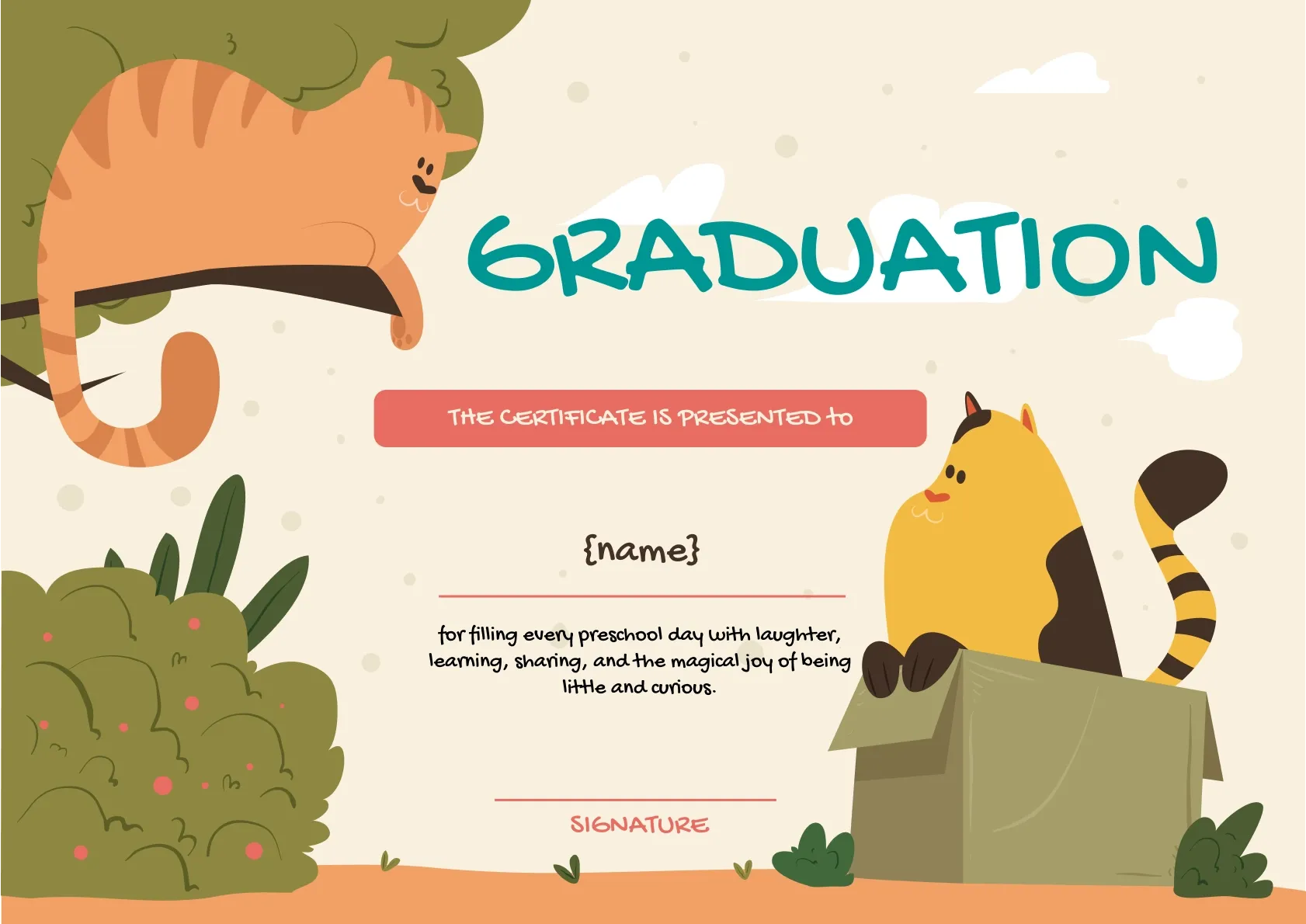 Multi-colored and illustrated preschool graduation certificate
