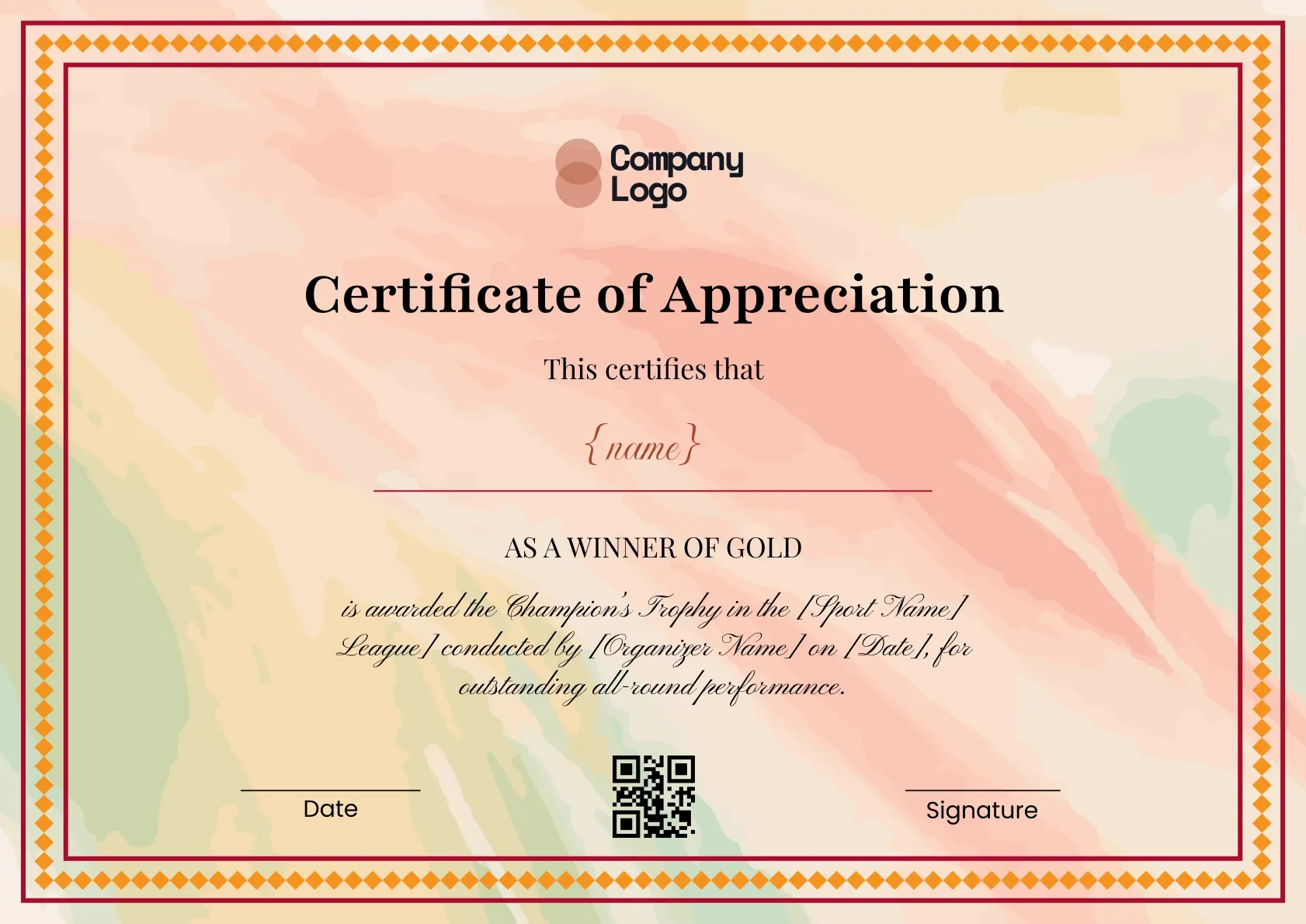 Multicolored and bright certificate of appreciation for sporting events