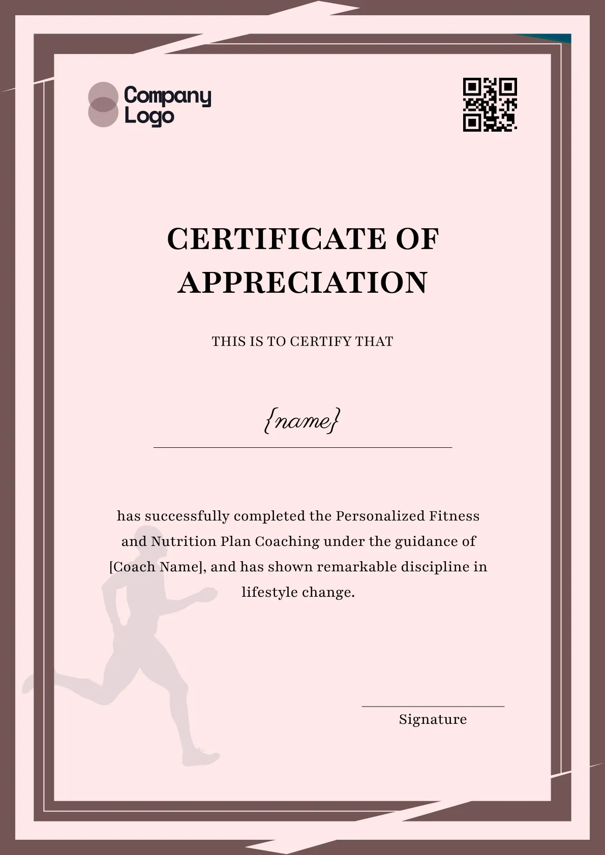 Neat and formal certificate of appreciation for fitness template