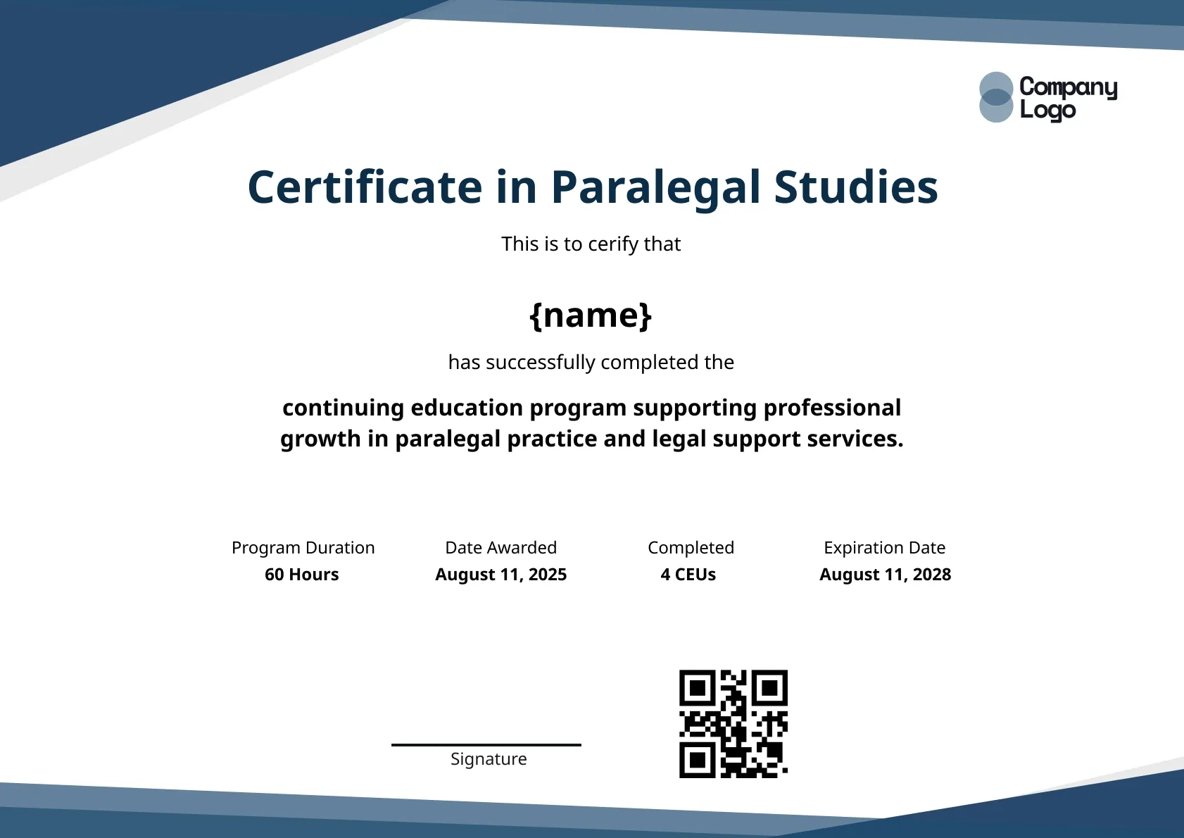 Official Paralegal Course Certificate Template
