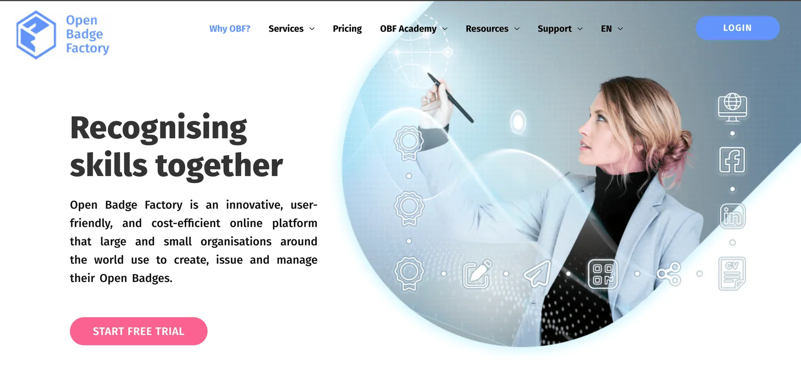 The Open Badge Factory homepage headline reading Recognising skills together, describing a platform for creating, issuing, and managing Open Badges