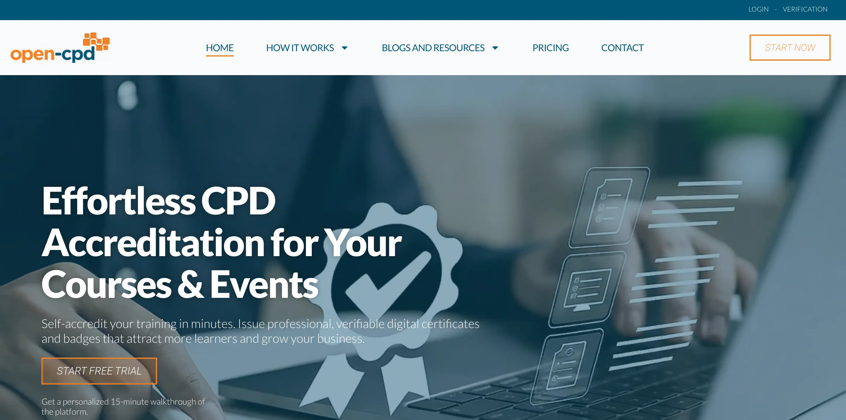 The Open-CPD homepage with the headline Effortless CPD Accreditation for Your Courses and Events