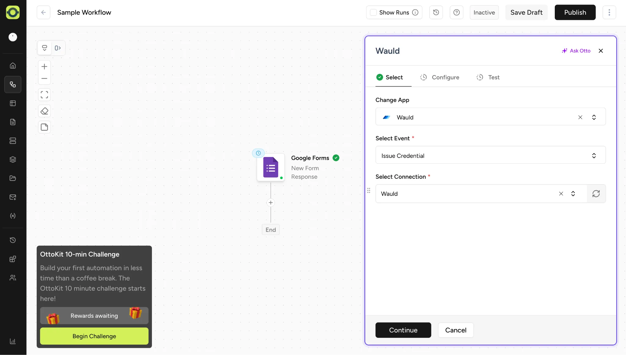 Wauld selected as an app in an OttoKit workflow