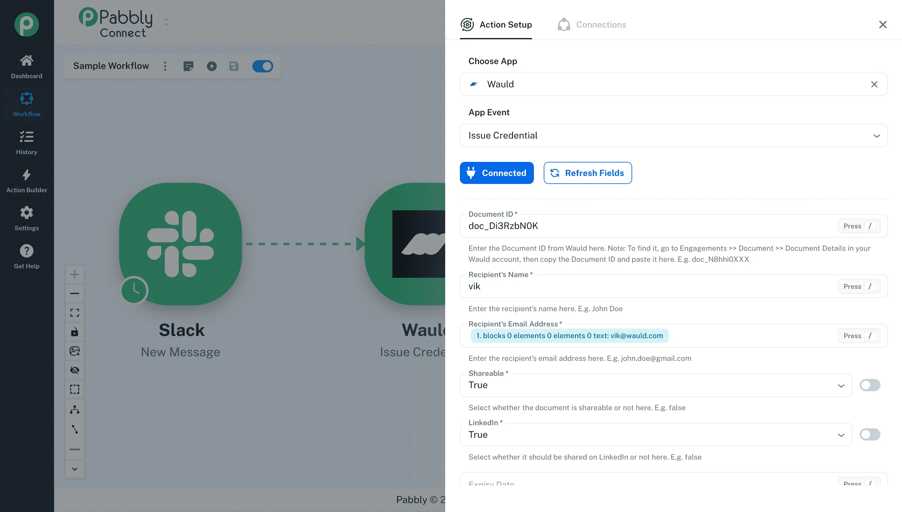 The Wauld Issue Credential action being configured inside a Pabbly Connect workflow