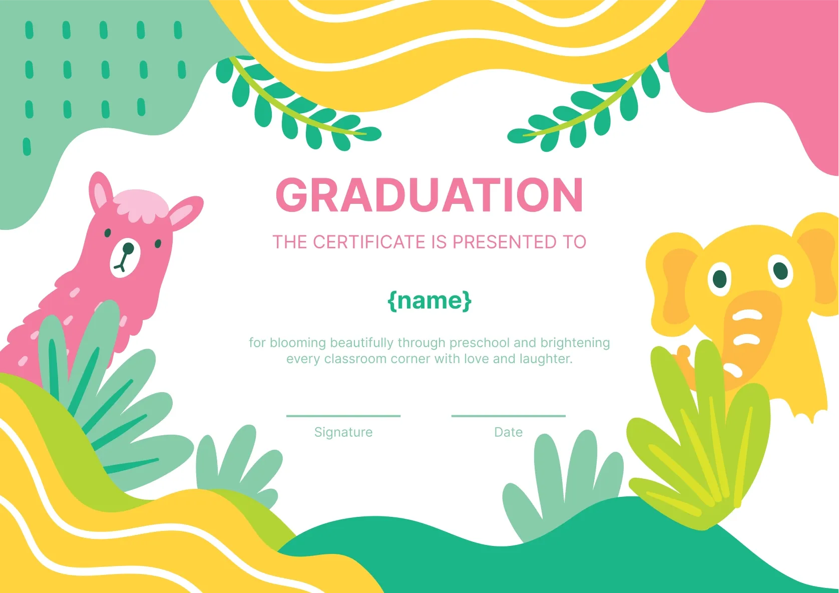 Preschool graduation certificate template with animal illustrations