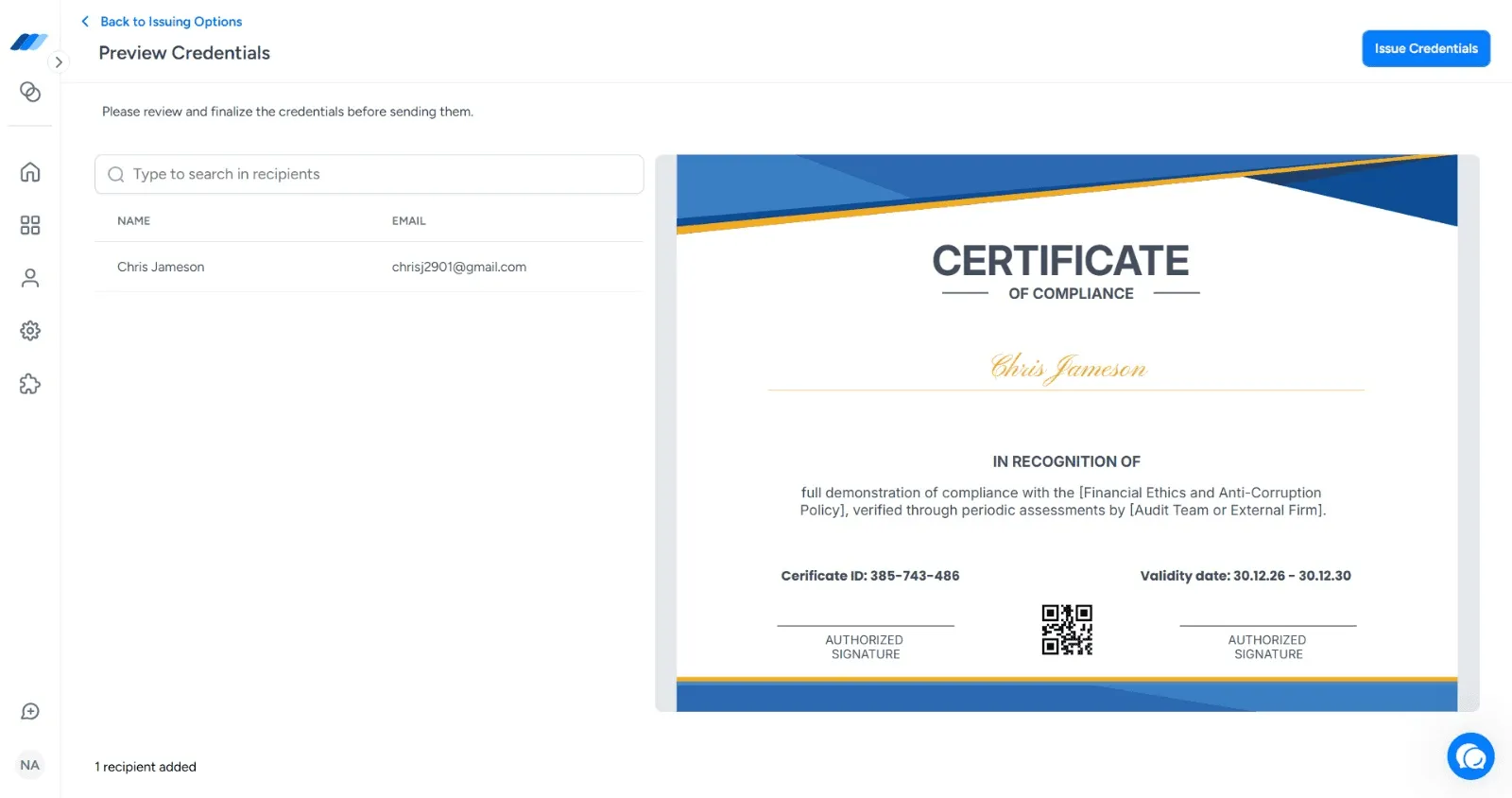 The Preview Credentials screen in Wauld showing a recipient list alongside the certificate that will be issued