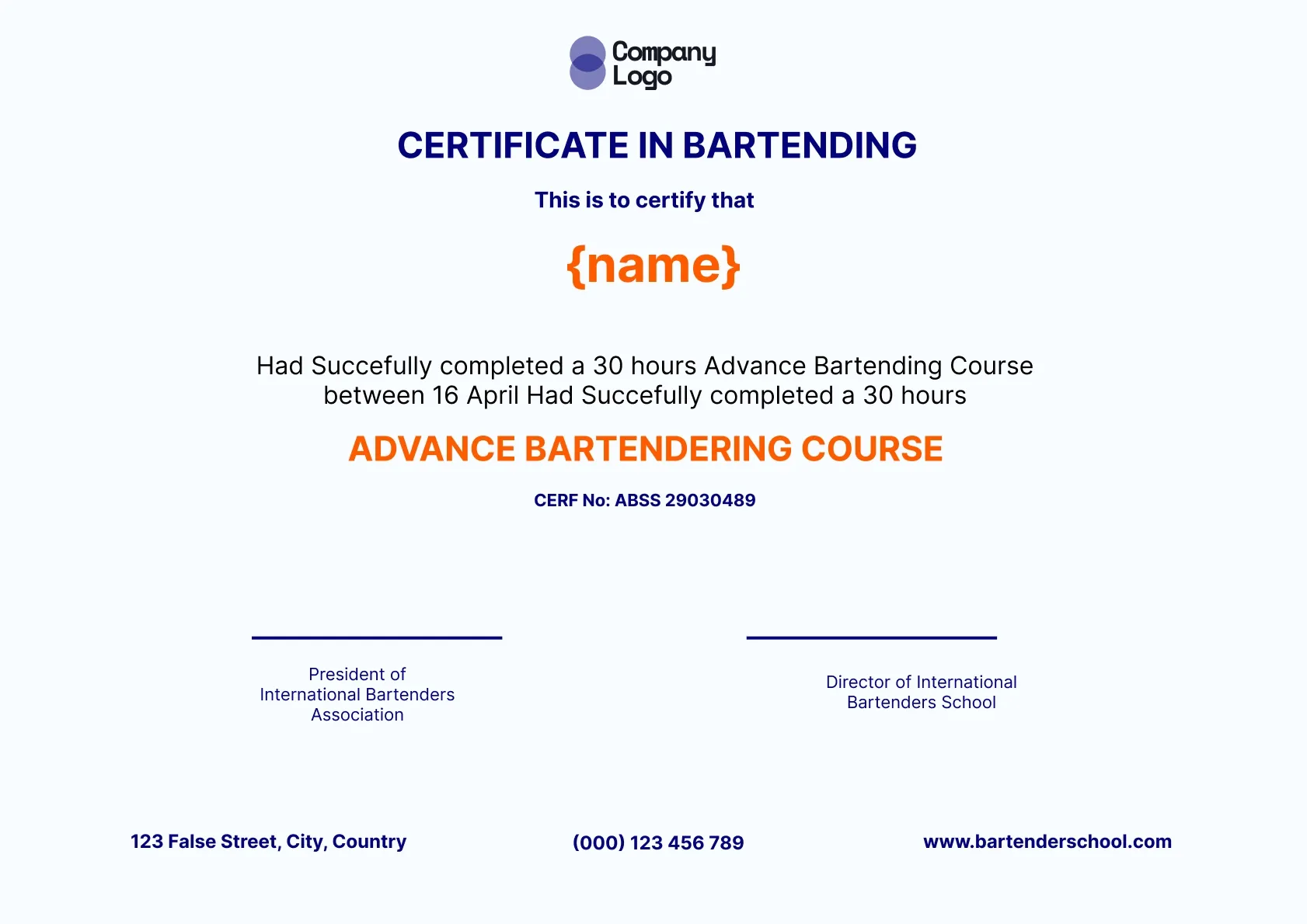Professional and refined bartending certificate template