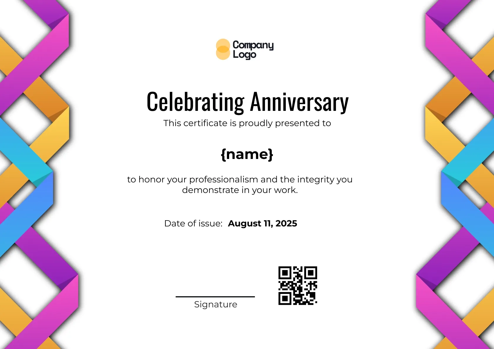 Professional Employee Appreciation Anniversary Certificate