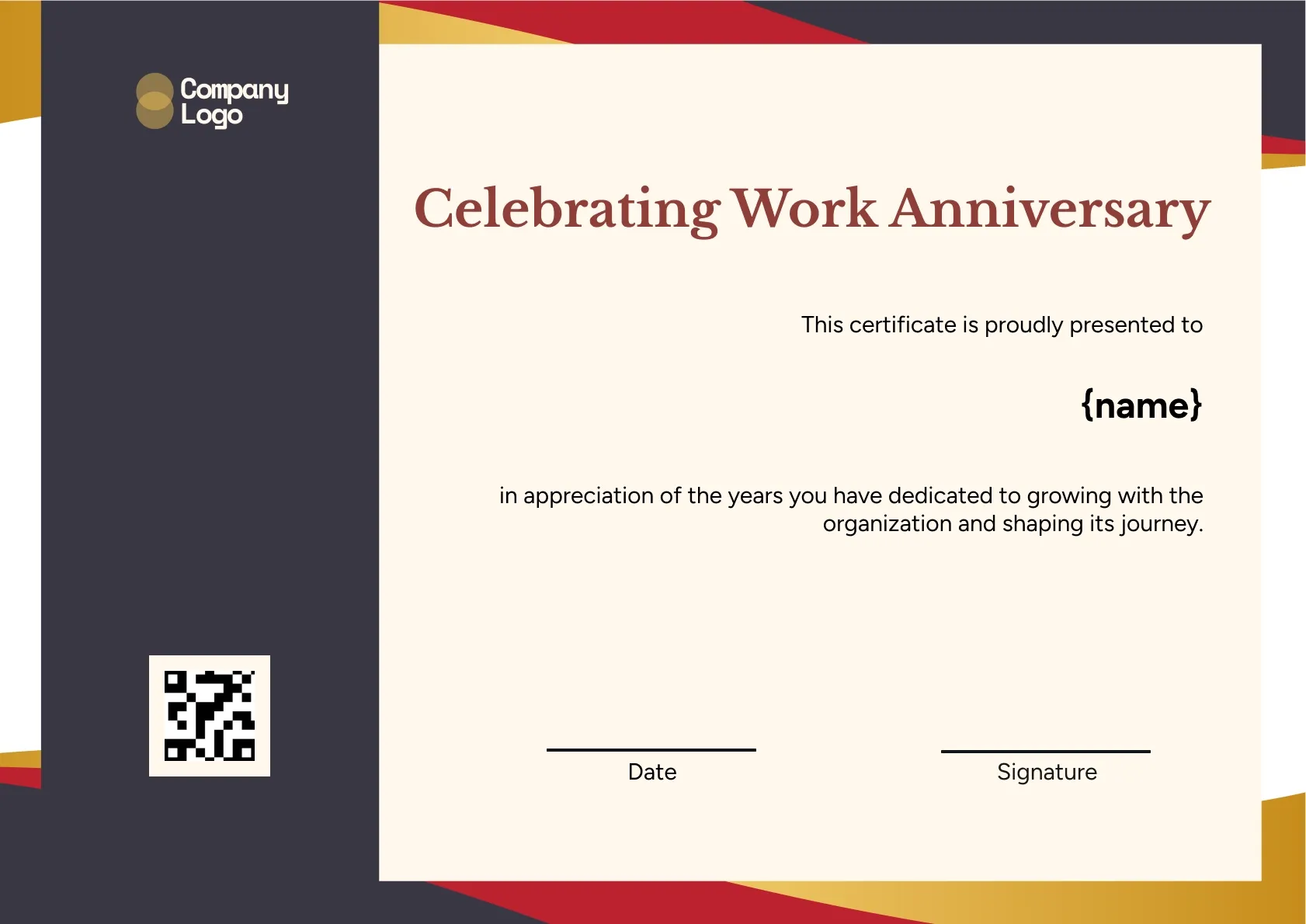 Professional Employee Work Anniversary Certificate