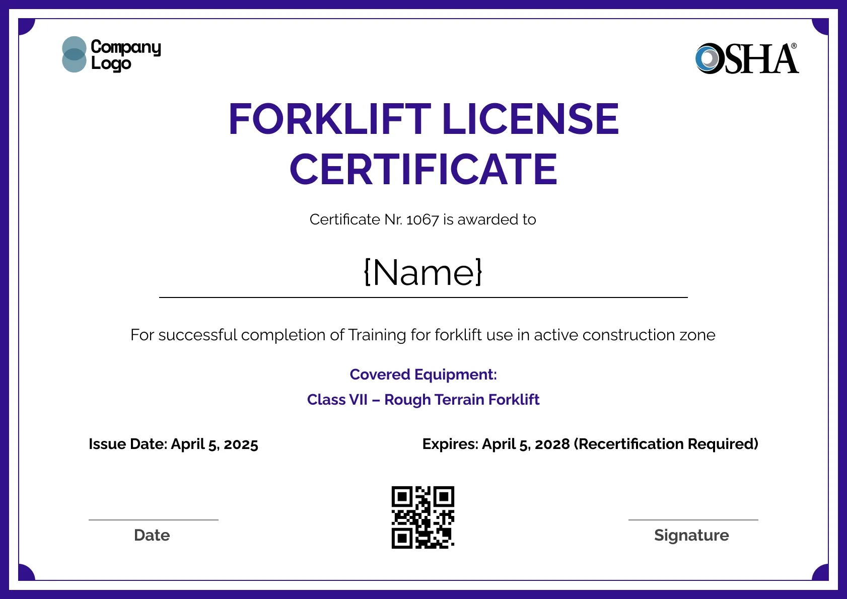 Refined forklift certificate template
