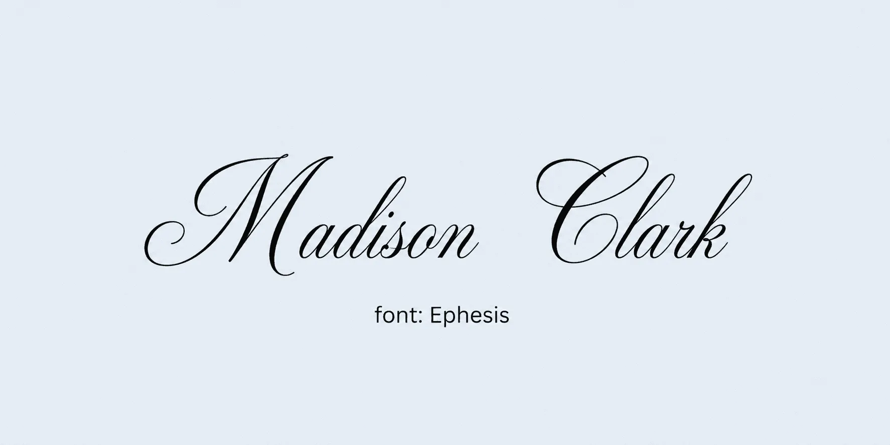 Sample name signed in a cursive signature font on a light background, with the font name labeled below.