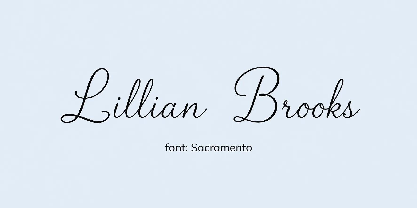 Sample name signed in a cursive signature font on a light background, with the font name labeled below.