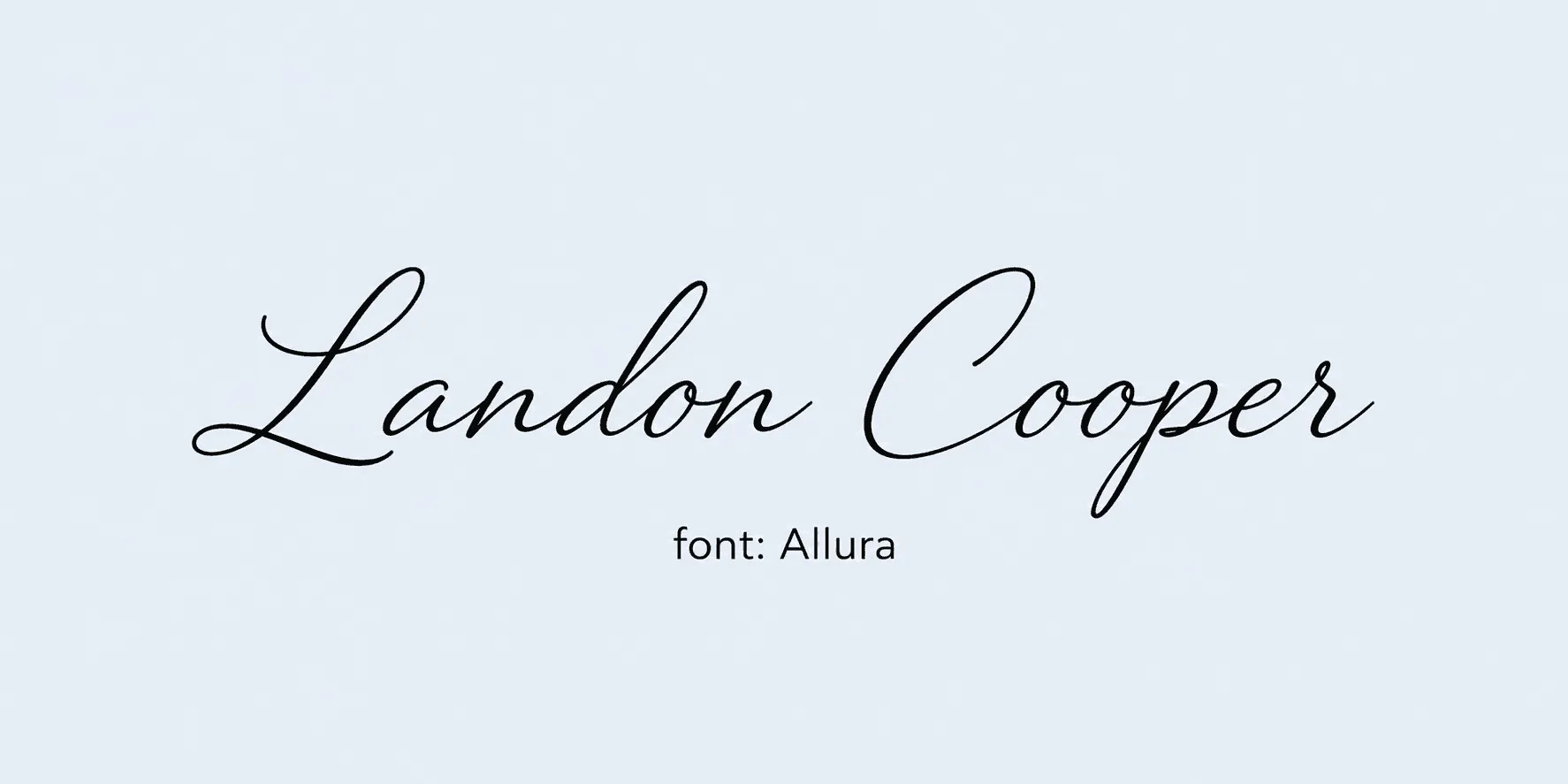 Sample name signed in a cursive signature font on a light background, with the font name labeled below.