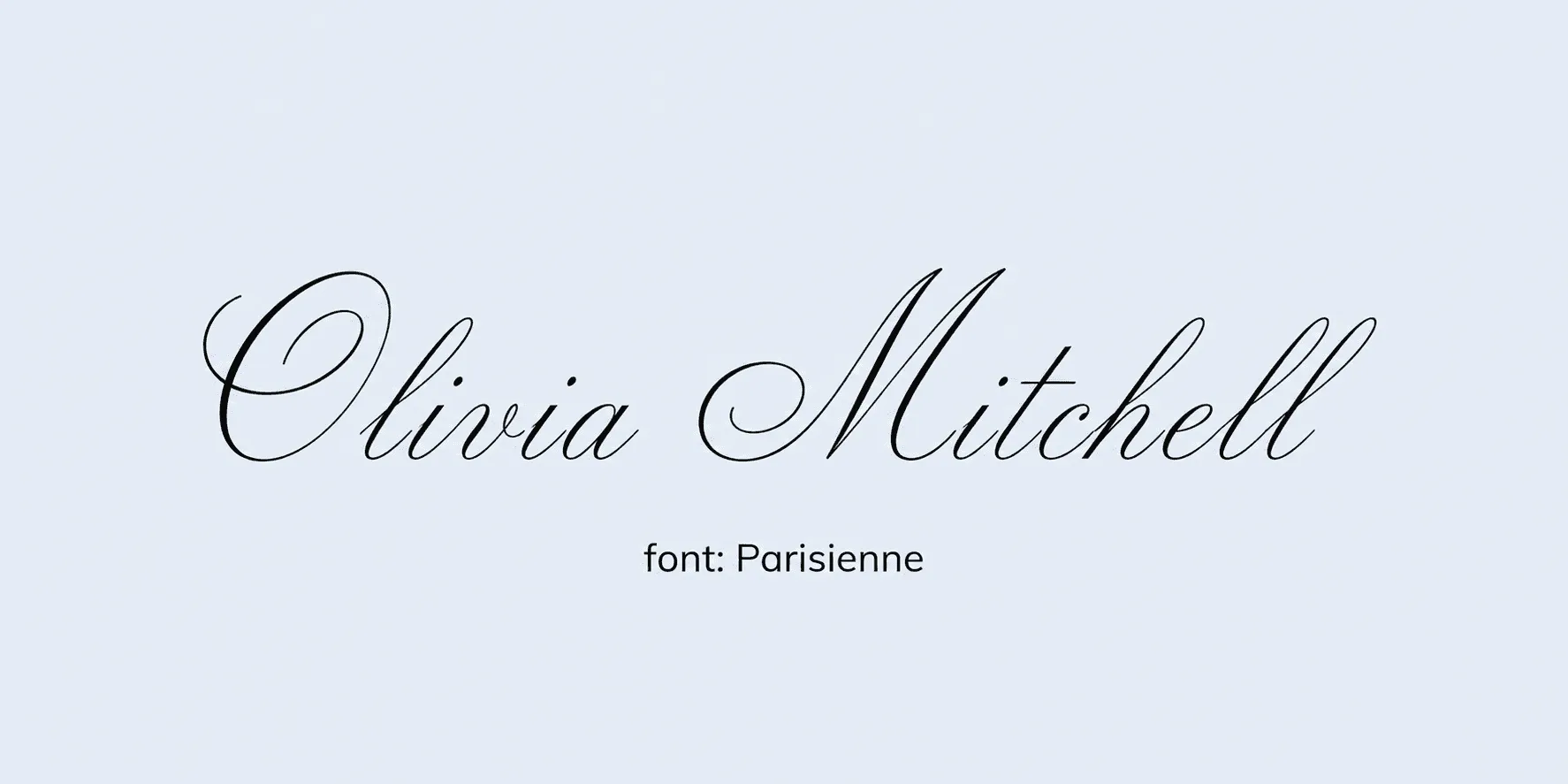 Sample name signed in a cursive signature font on a light background, with the font name labeled below.