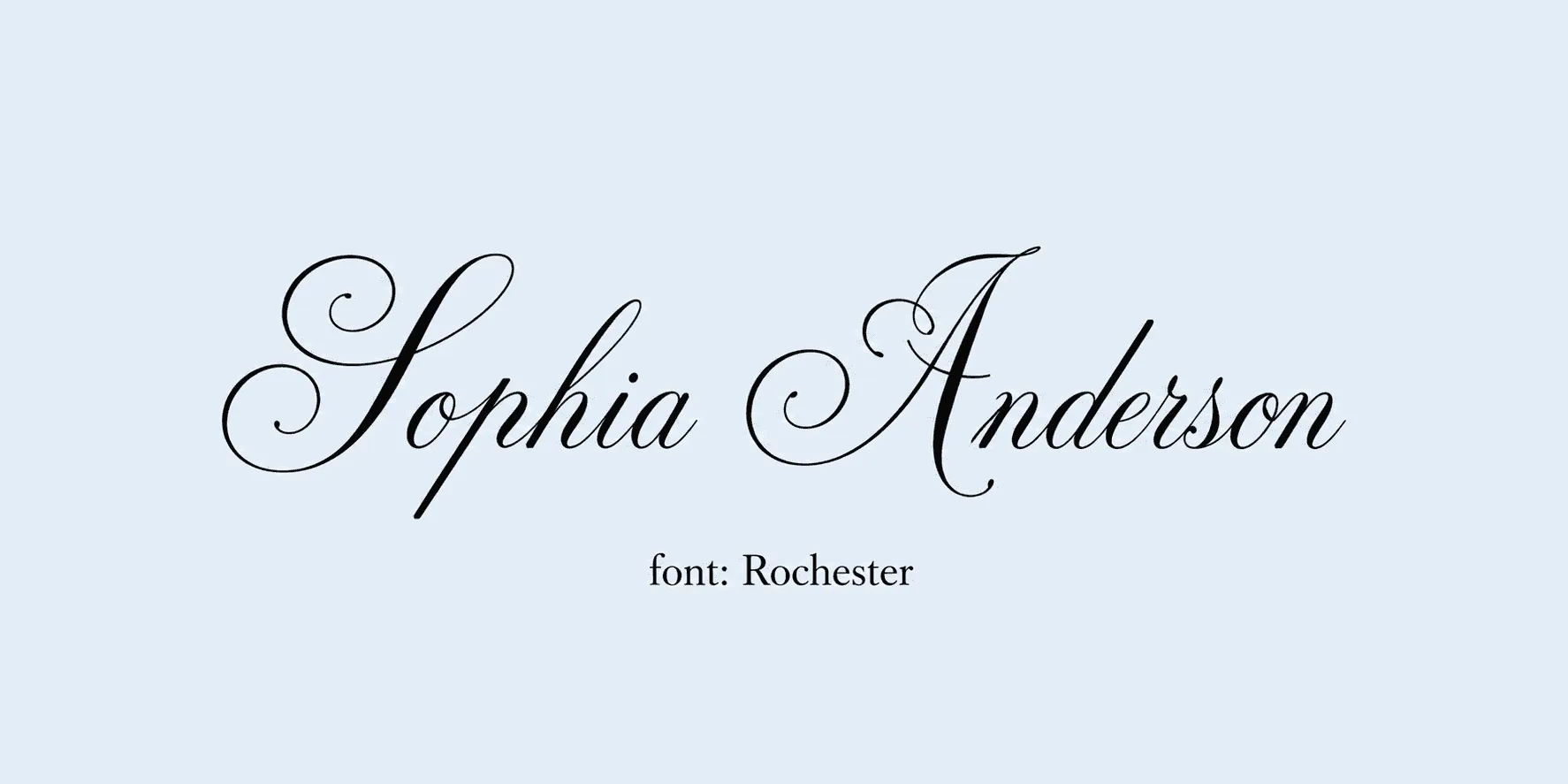Sample name signed in a cursive signature font on a light background, with the font name labeled below.