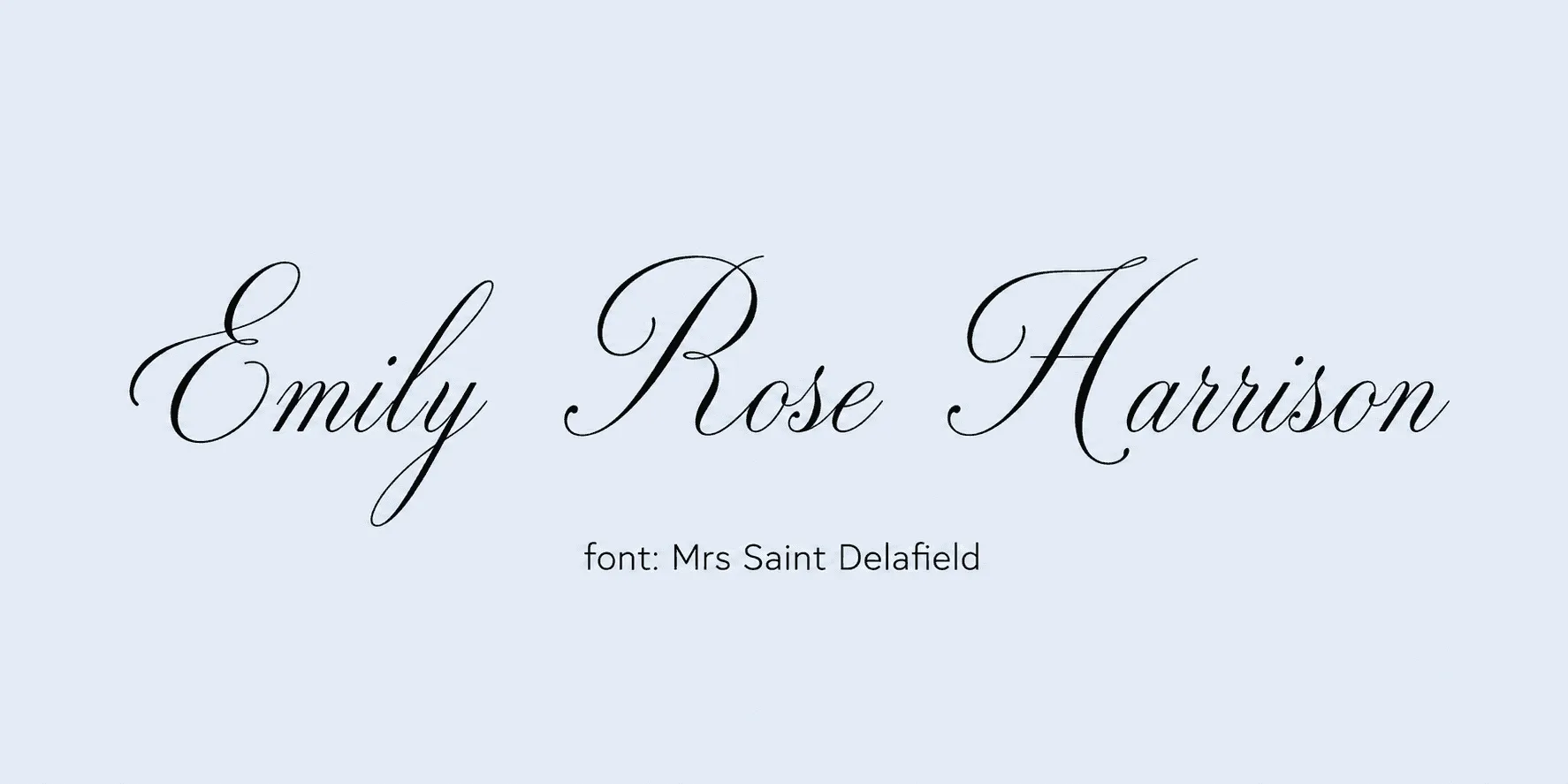 Sample name signed in a cursive signature font on a light background, with the font name labeled below.