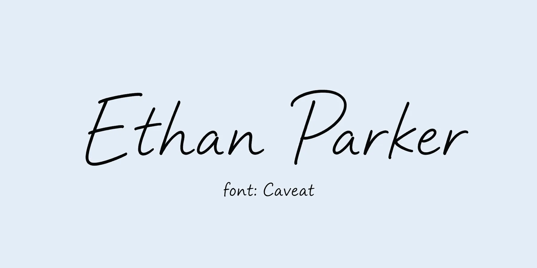 Sample name signed in a cursive signature font on a light background, with the font name labeled below.