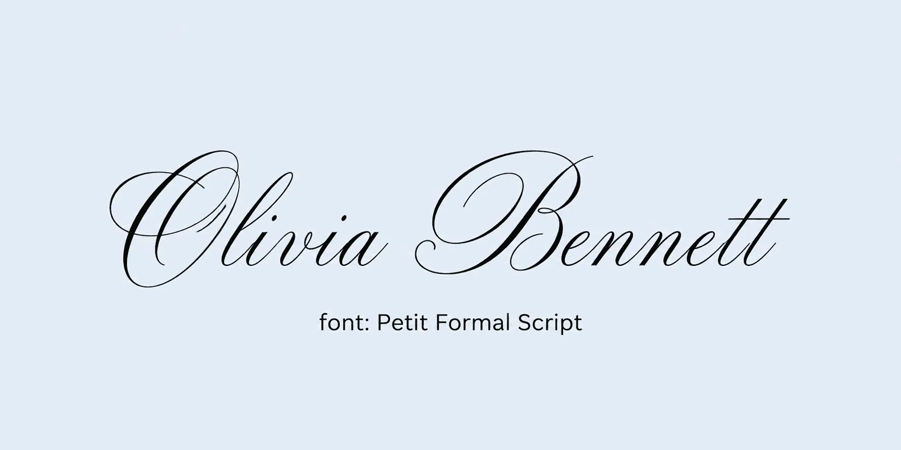 Sample name signed in a cursive signature font on a light background, with the font name labeled below.