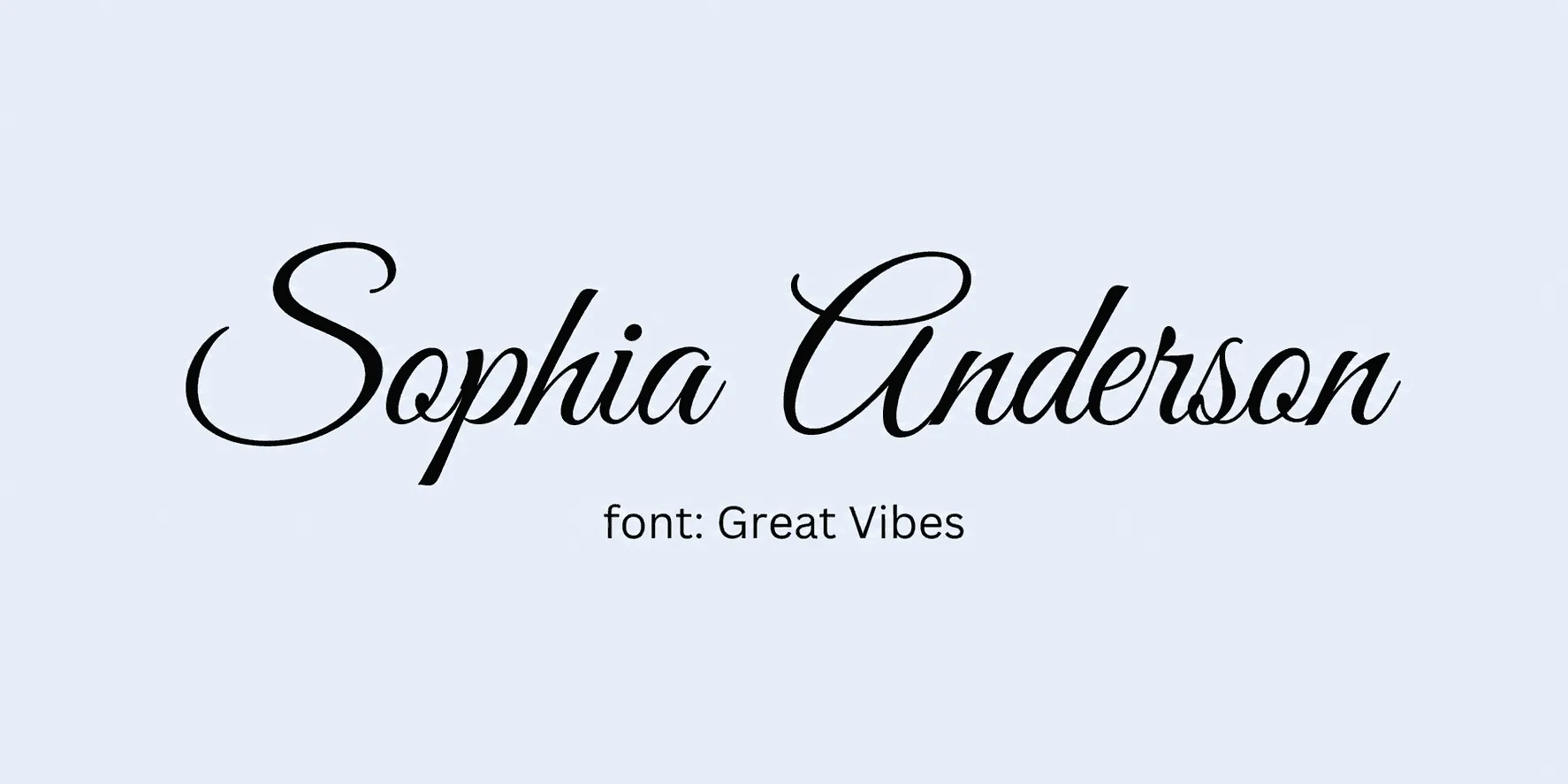 Sample name signed in a cursive signature font on a light background, with the font name labeled below.
