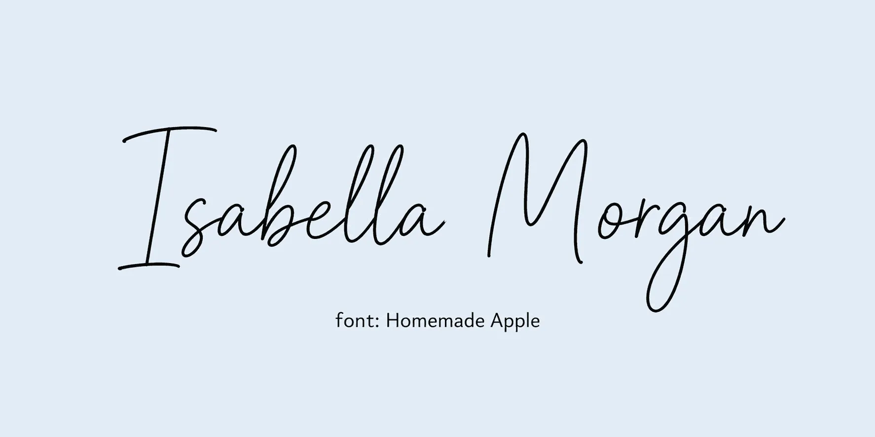 Sample name signed in a cursive signature font on a light background, with the font name labeled below.