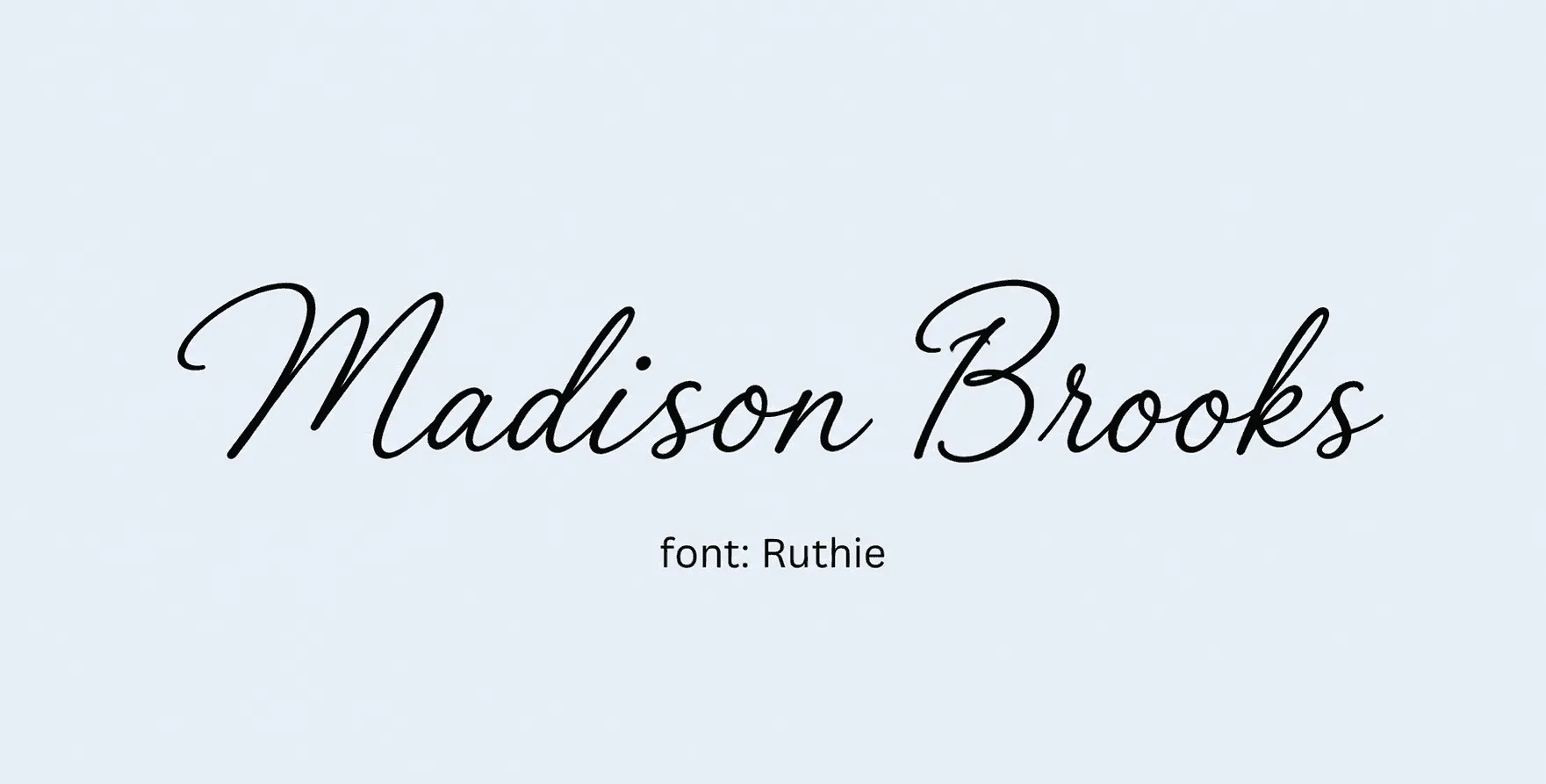 Sample name signed in a cursive signature font on a light background, with the font name labeled below.