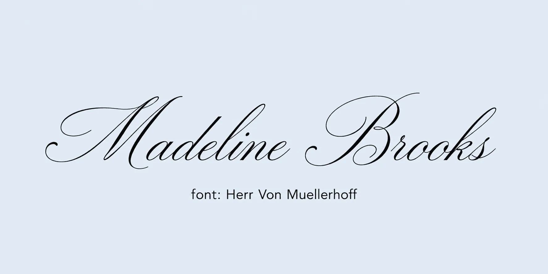 Sample name signed in a cursive signature font on a light background, with the font name labeled below.