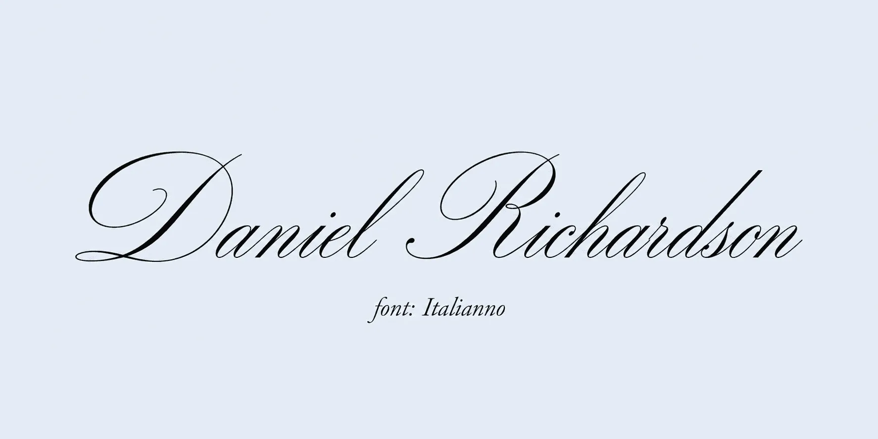 Sample name signed in a cursive signature font on a light background, with the font name labeled below.