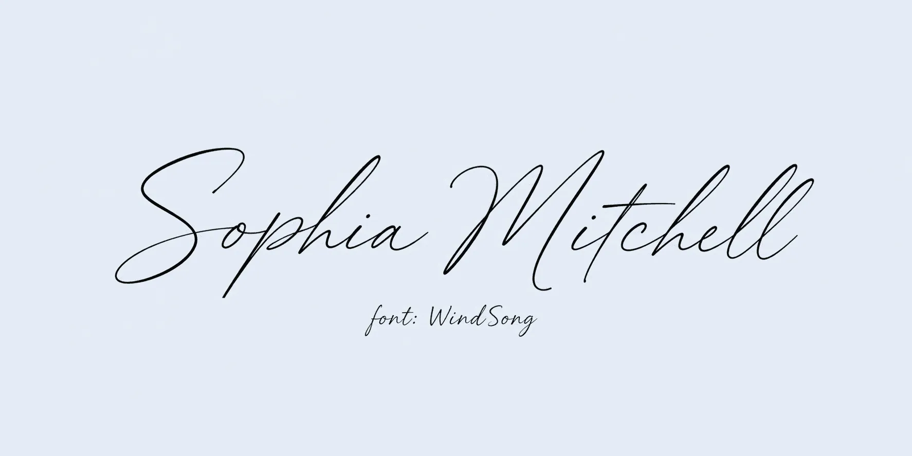 Sample name signed in a cursive signature font on a light background, with the font name labeled below.