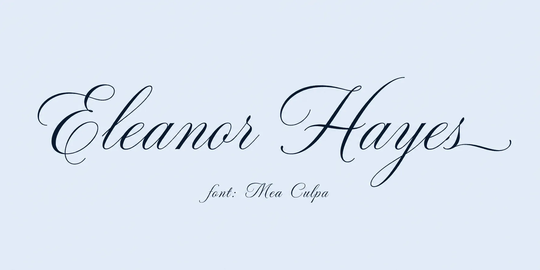 Sample name signed in a cursive signature font on a light background, with the font name labeled below.