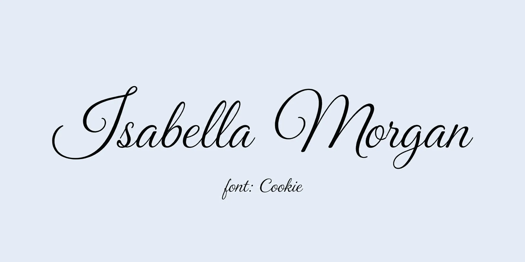 Sample name signed in a cursive signature font on a light background, with the font name labeled below.