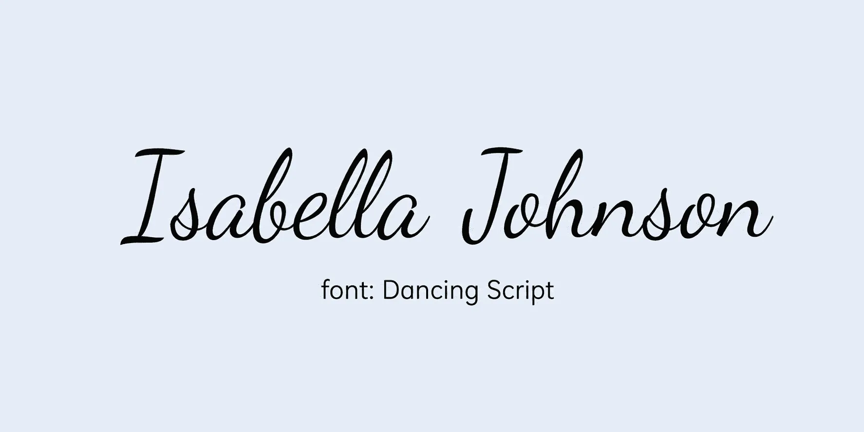 Sample name signed in a cursive signature font on a light background, with the font name labeled below.