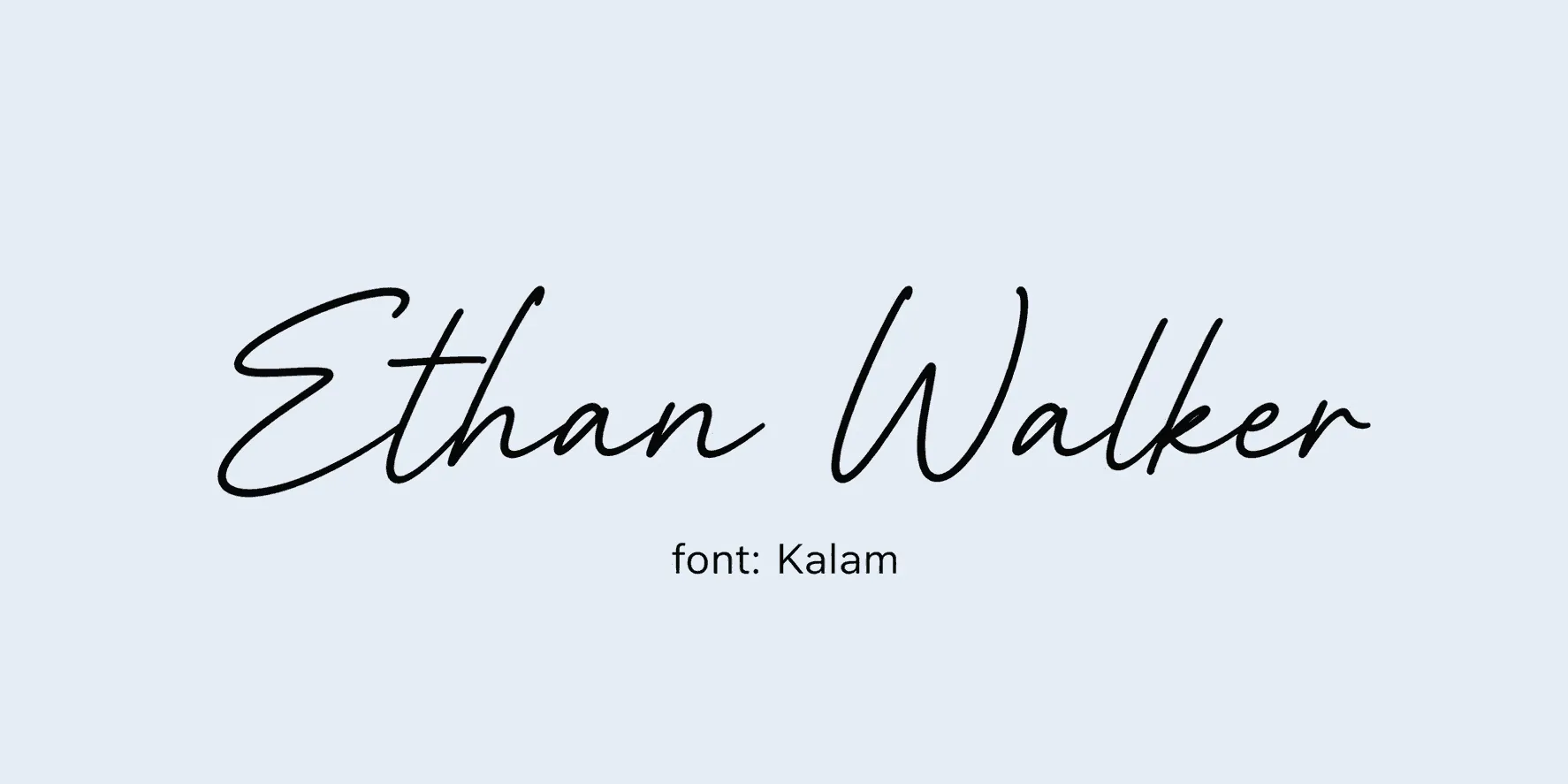 Sample name signed in a cursive signature font on a light background, with the font name labeled below.