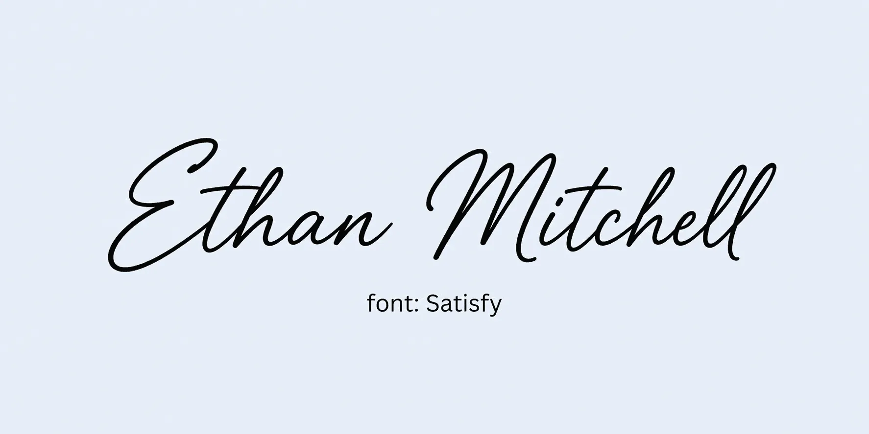 Sample name signed in a cursive signature font on a light background, with the font name labeled below.