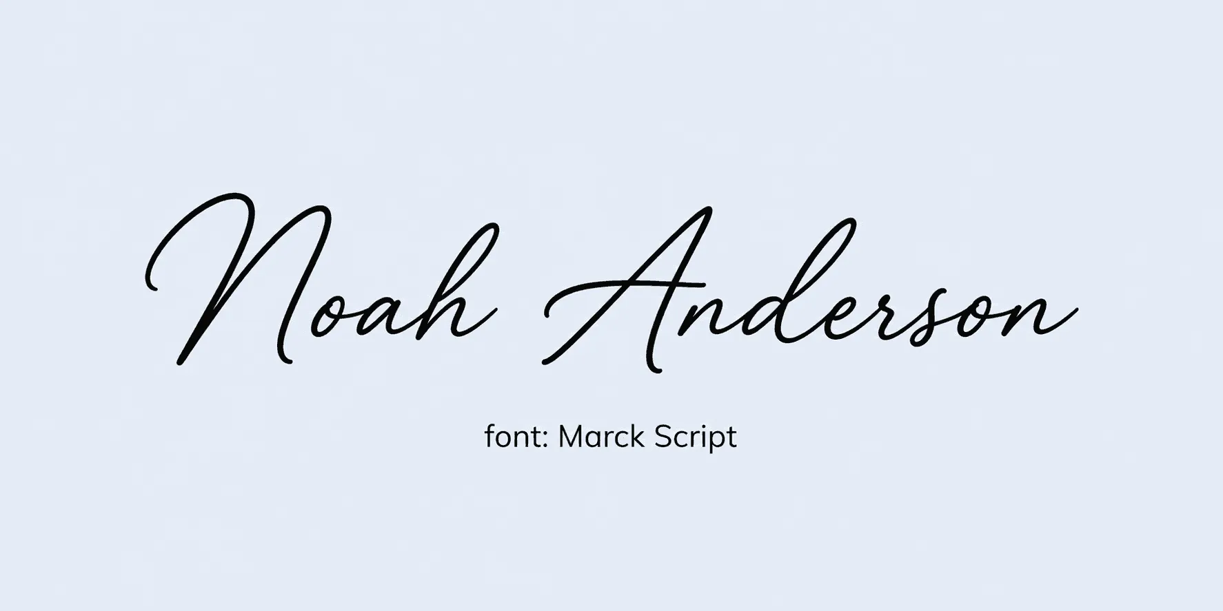 Sample name signed in a cursive signature font on a light background, with the font name labeled below.