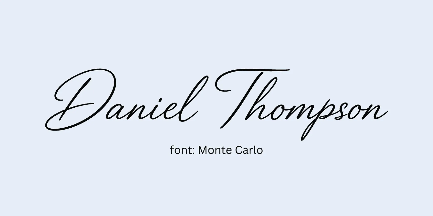 Sample name signed in a cursive signature font on a light background, with the font name labeled below.