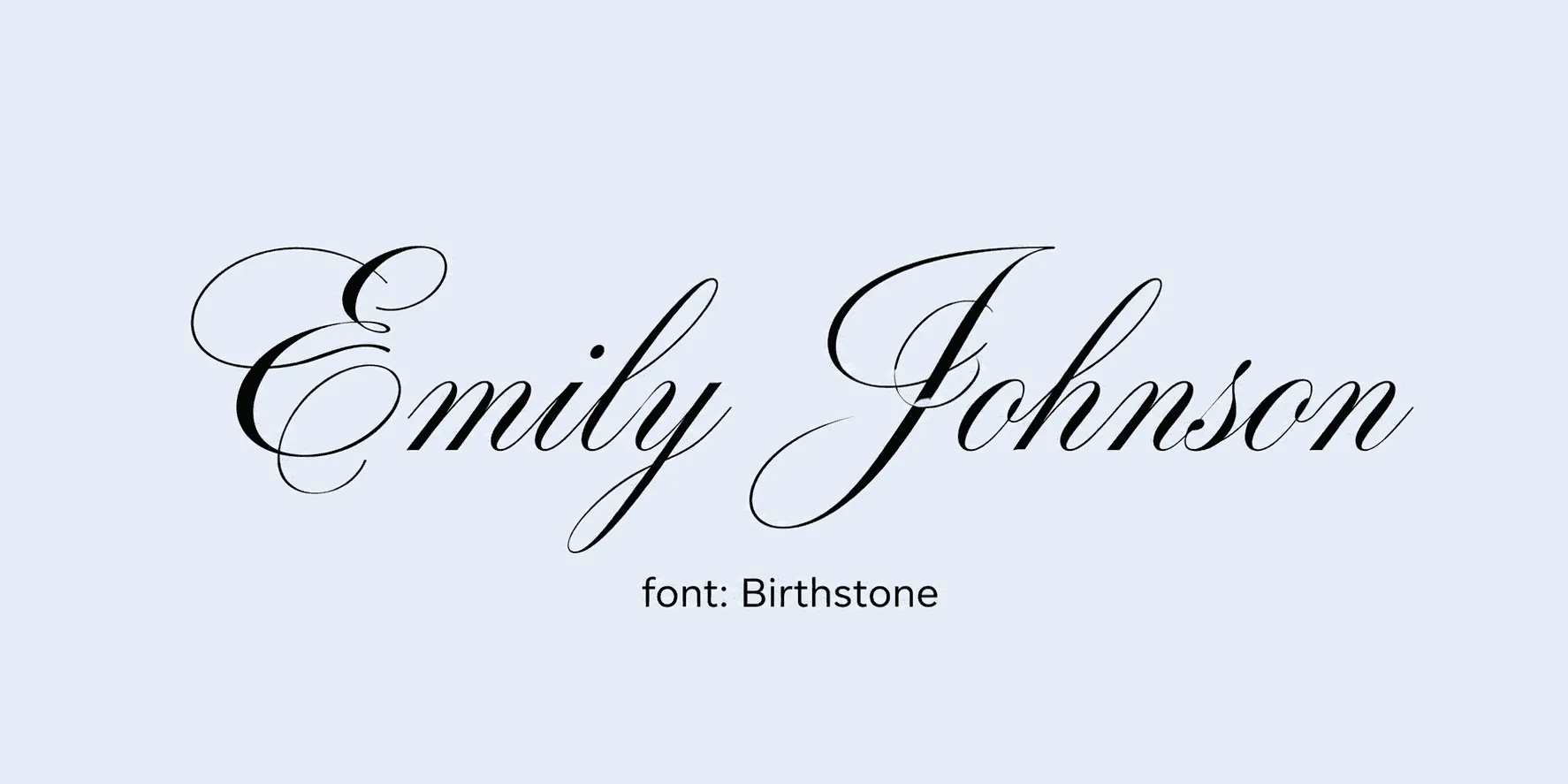 Sample name signed in a cursive signature font on a light background, with the font name labeled below.