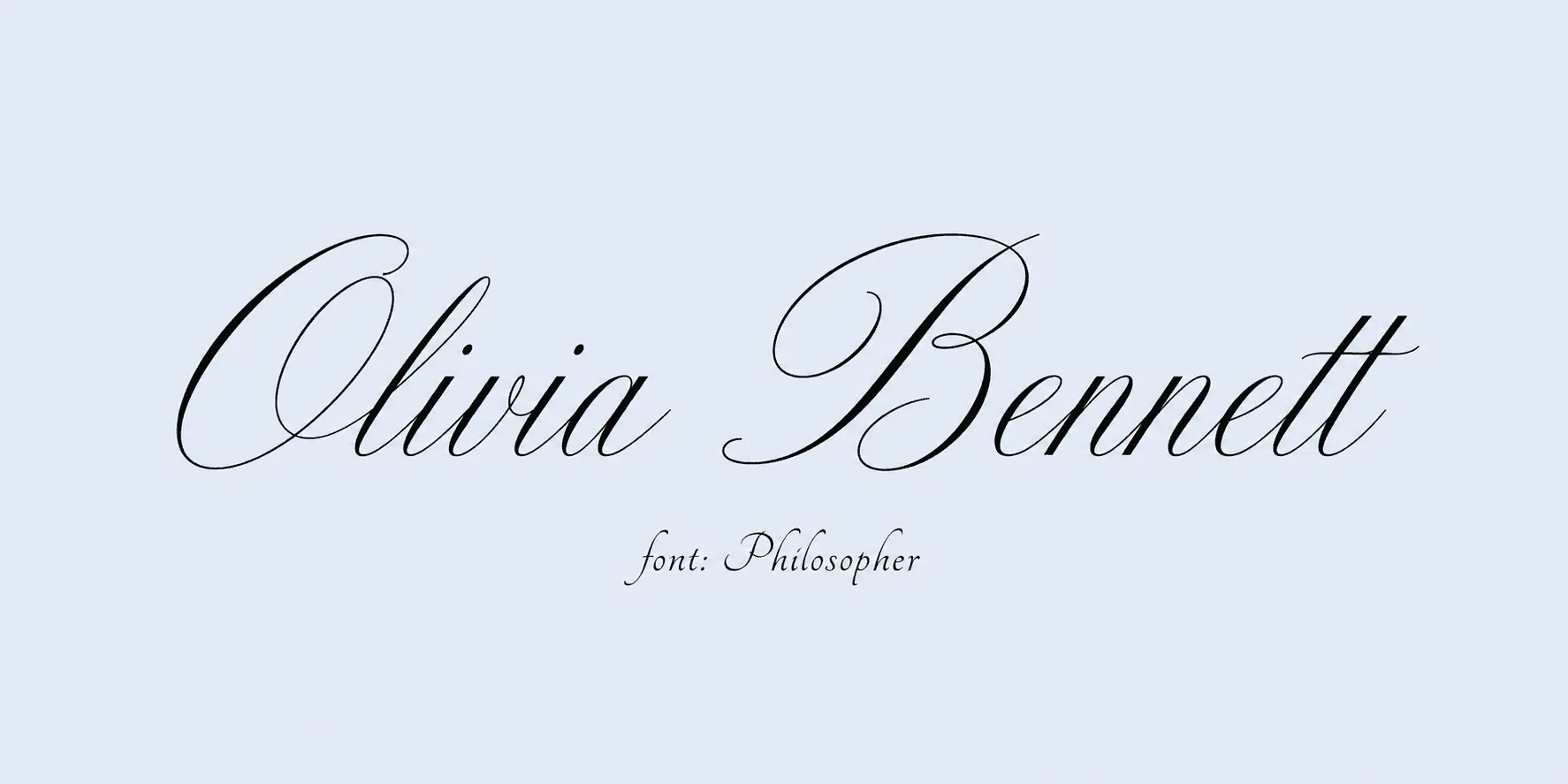 Sample name signed in a cursive signature font on a light background, with the font name labeled below.