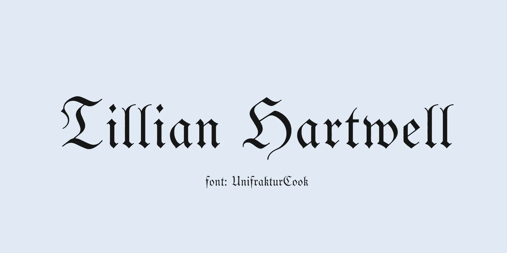 Sample name signed in a cursive signature font on a light background, with the font name labeled below.