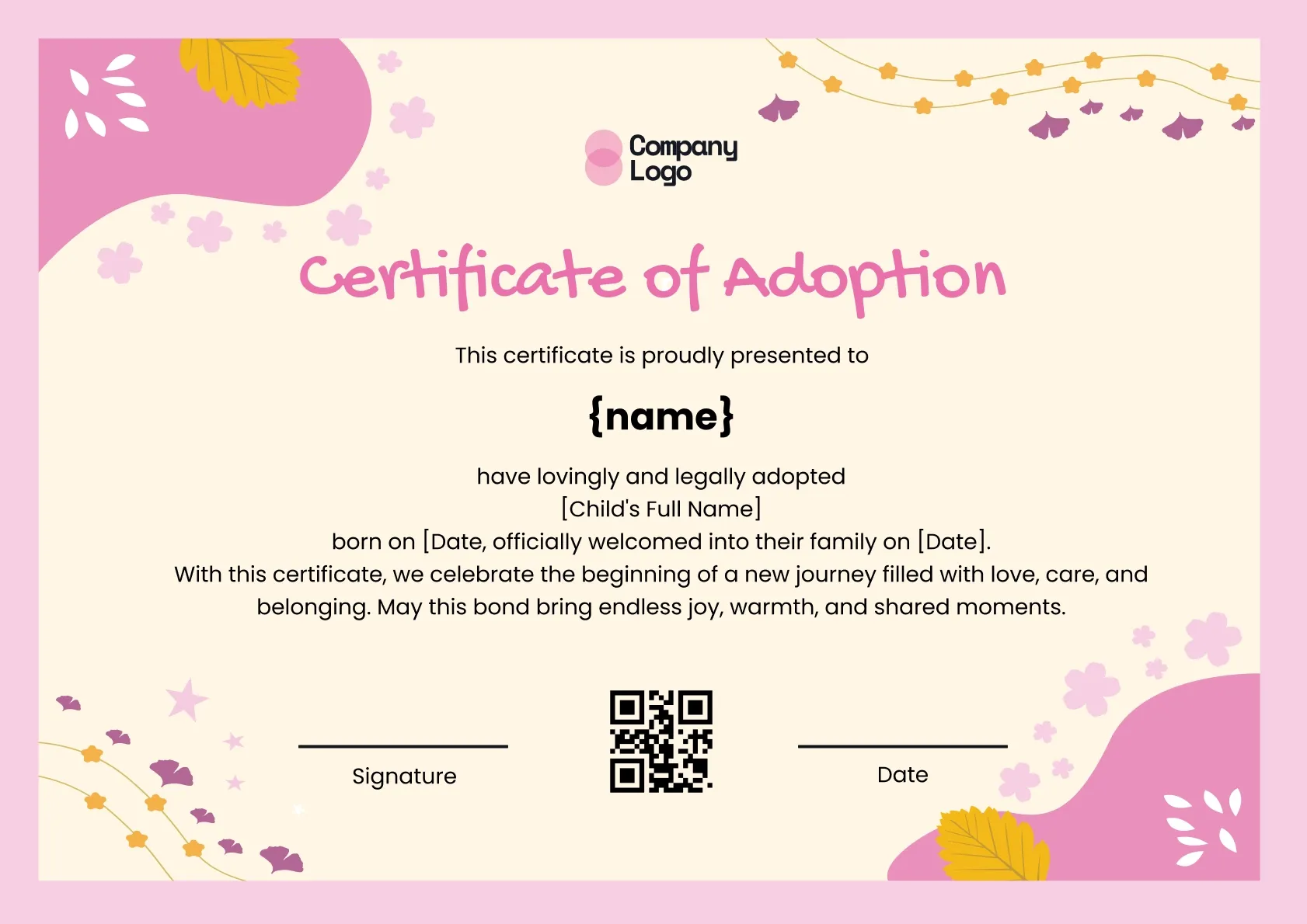 Serene Adoption Celebration Certificate Template